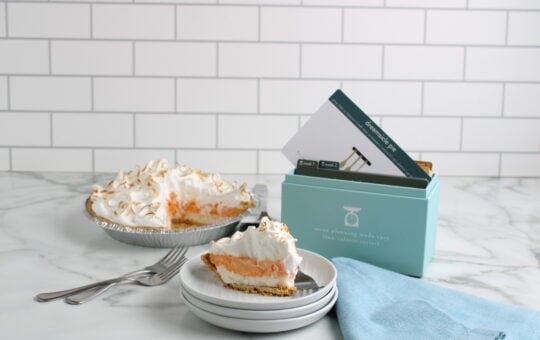Dreamsicle Pie on plate with recipe box