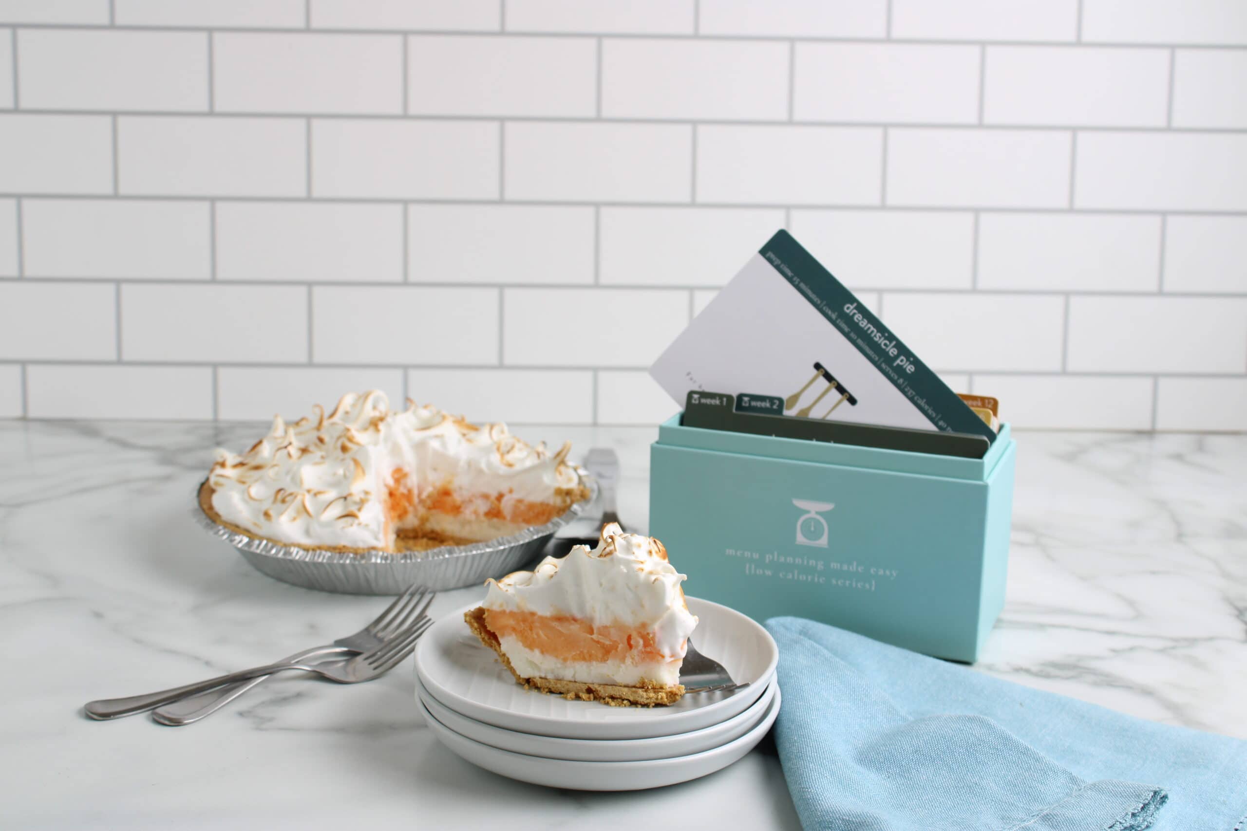 Dreamsicle Pie on plate with recipe box