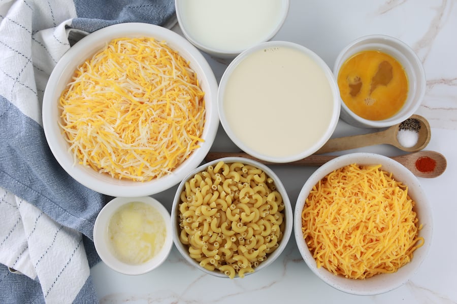 Slow Cooker Macaroni and Cheese Ingredients in White Bowls