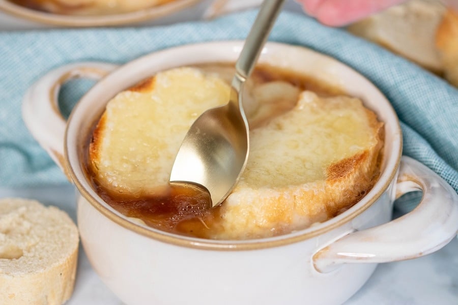 Slow Cooker French Onion Soup Recipe Finished in Bowl