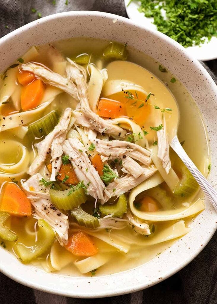 bowl of crockpot chicken noodle soup