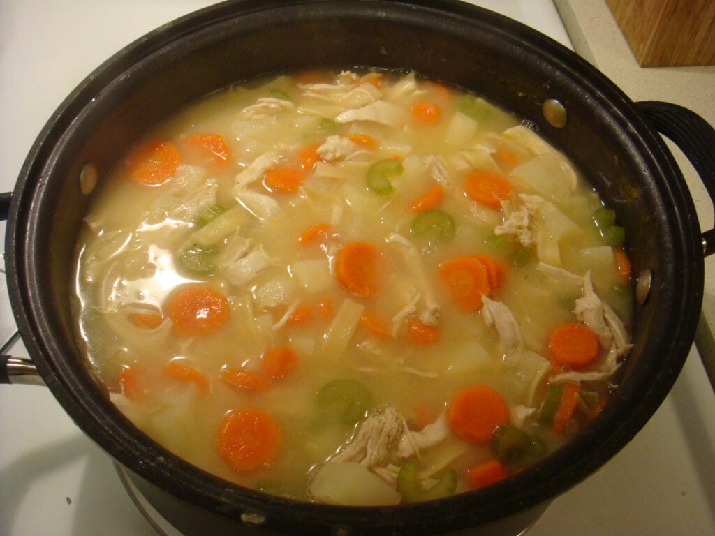 pot of slow cooker chicken noodle soup