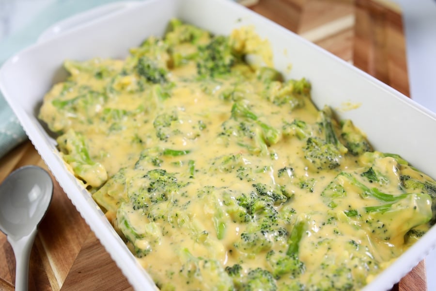 Velveeta Broccoli and Cheese Casserole in Baking Dish 