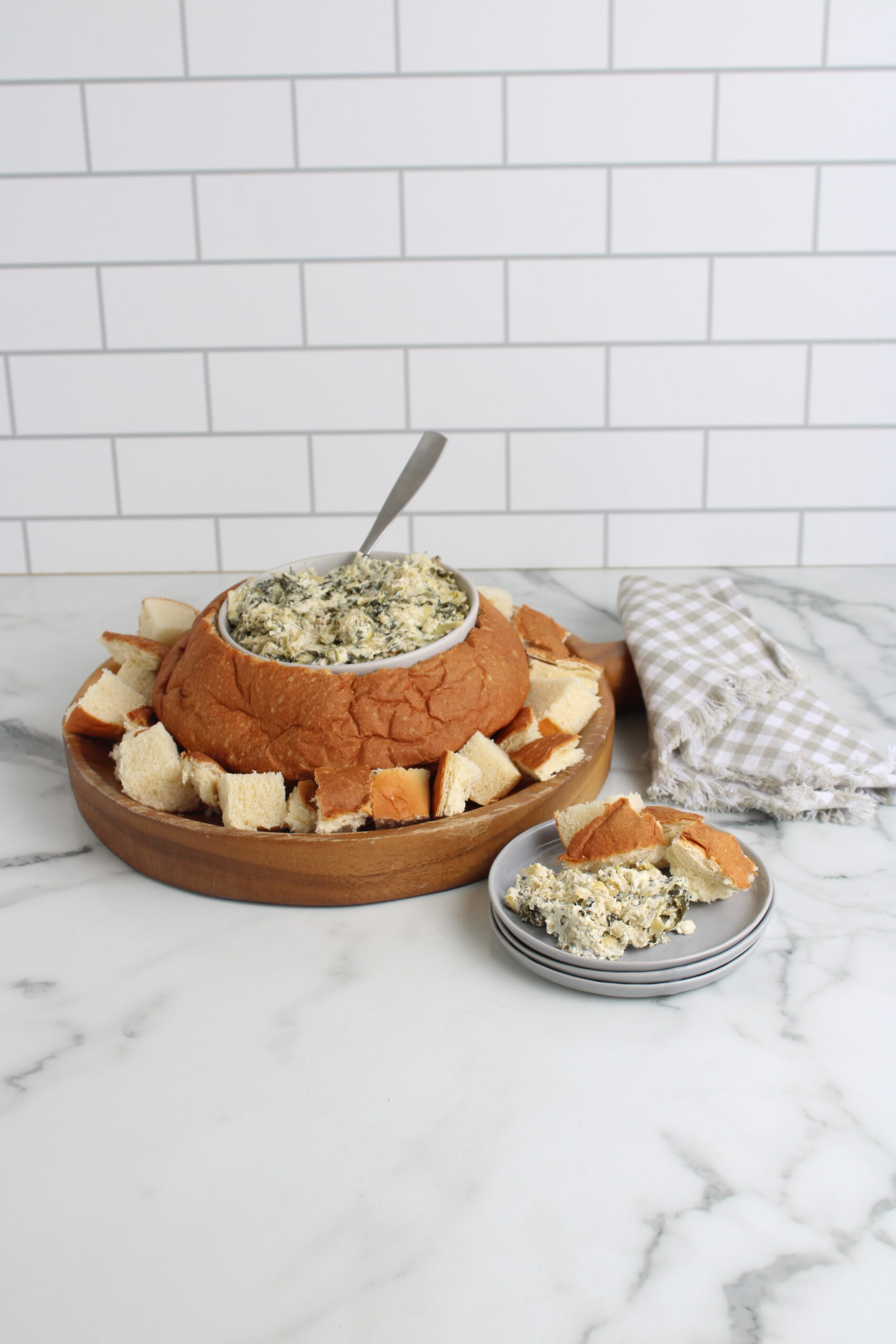 Spinach Artichoke Dip Finished in bread bowl 