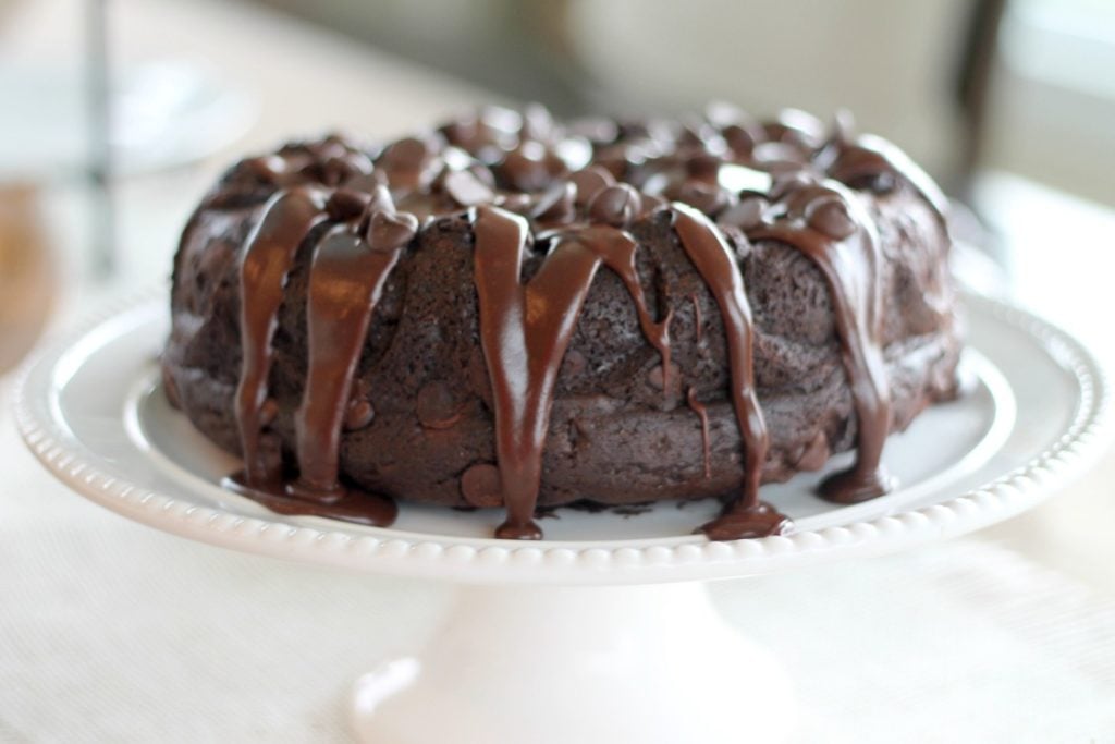Chocolate Chocolate Chip Cake Recipe Finished on Platter