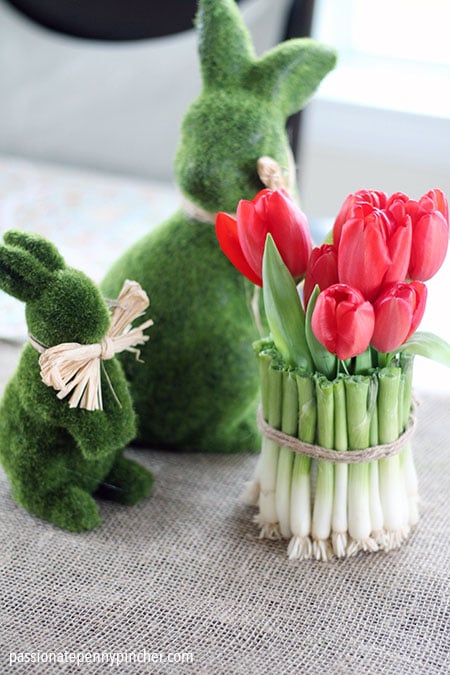 green onion can and tulips with bunny centerpieces