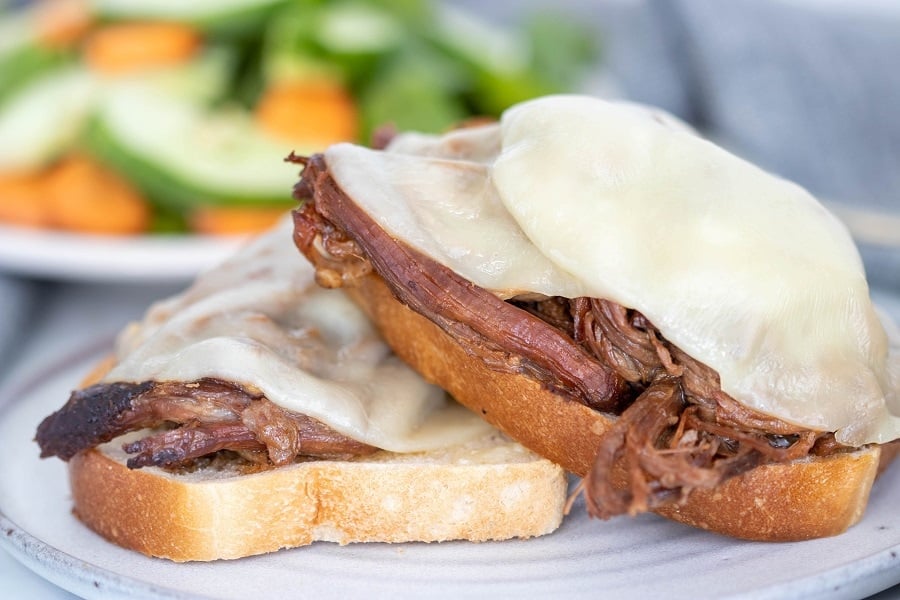 Open Faced Roast Beef Sandwich with Cheese on Toast