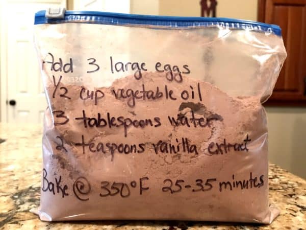 Ziploc baggie with homemade brownie mix and diriections 