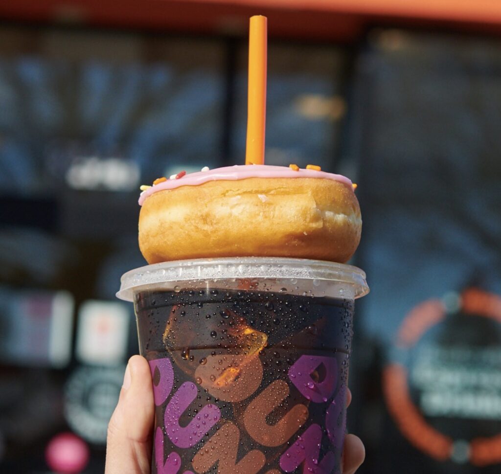 Dunkin Iced Coffee and A Donut on Straw