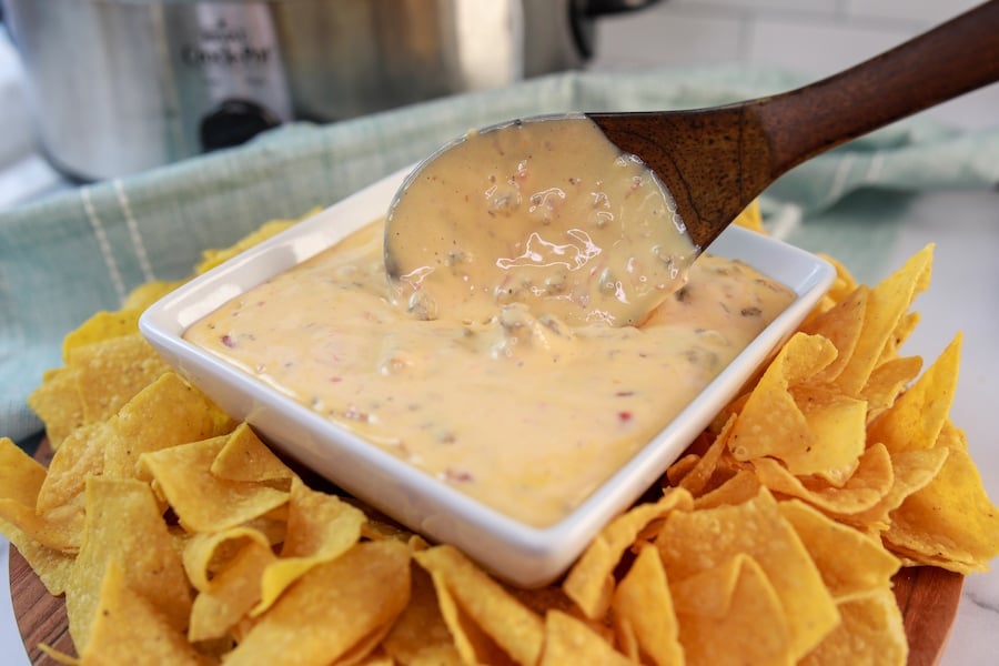 rotel dip with wooden spoon