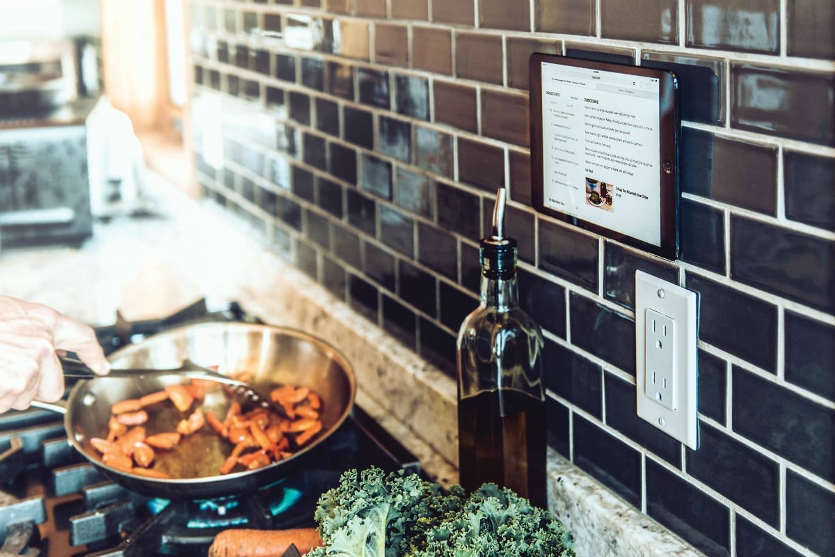 kitchen with ipad and pan on stove