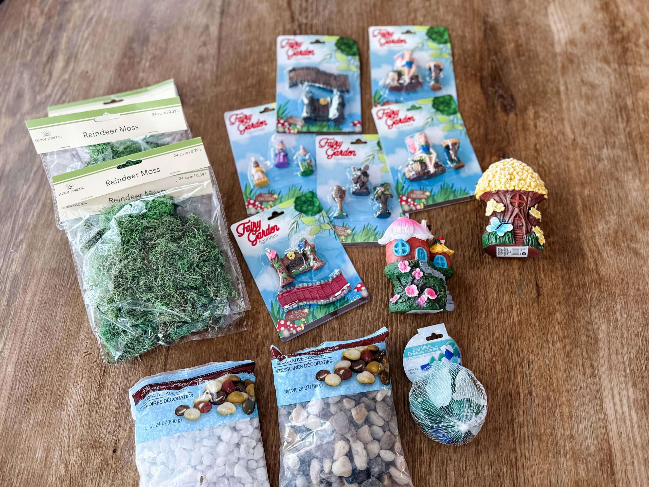 fairy garden dollar tree items on countertop 