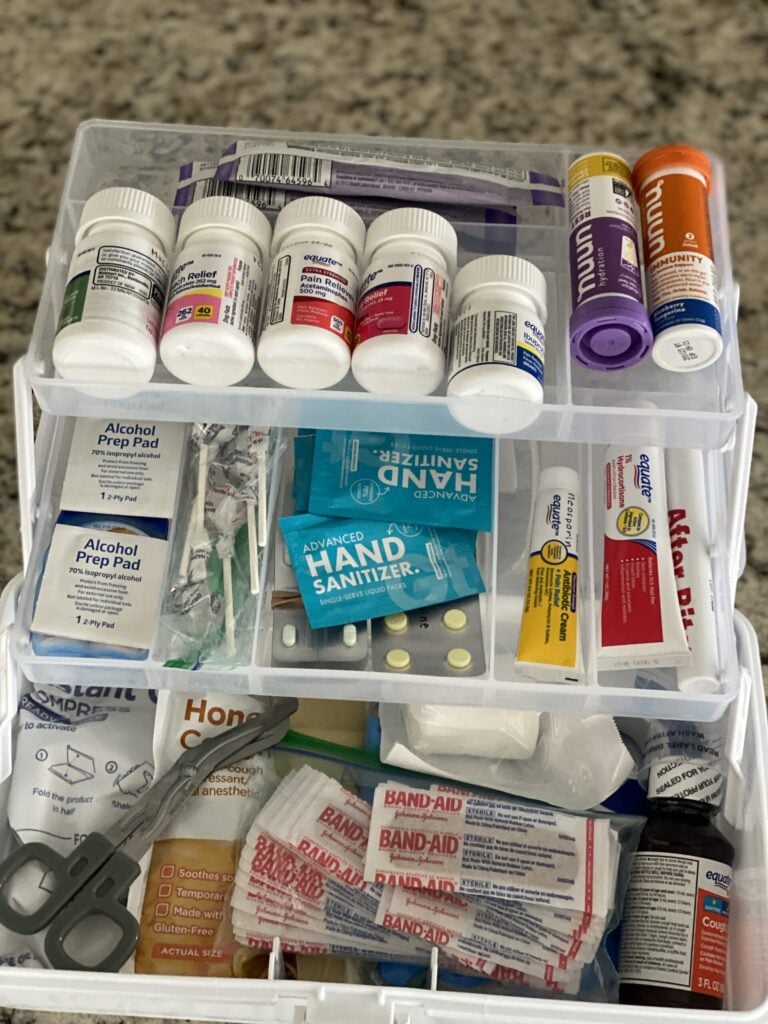 Health supplies in clear bin