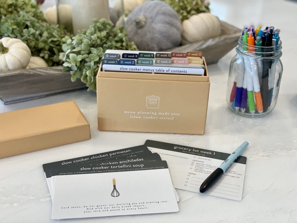 Slow Cooker Menu planning made easy box and recipe cards on counter 