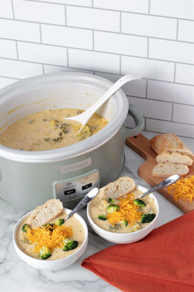 broccoli cheese soup in the slow cooker with bread