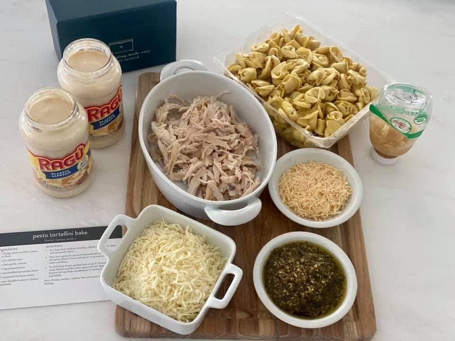 Pesto Tortellini ingredients on counter