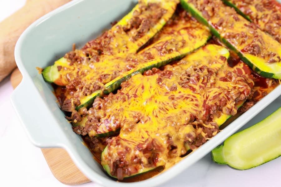 Beef Enchilada Stuffed Zucchini Recipe in Baking Dish