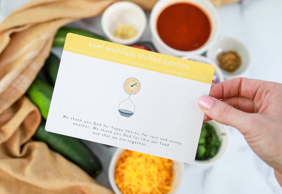 Stuffed Zucchini Boats Recipe Card with Ingredients in background