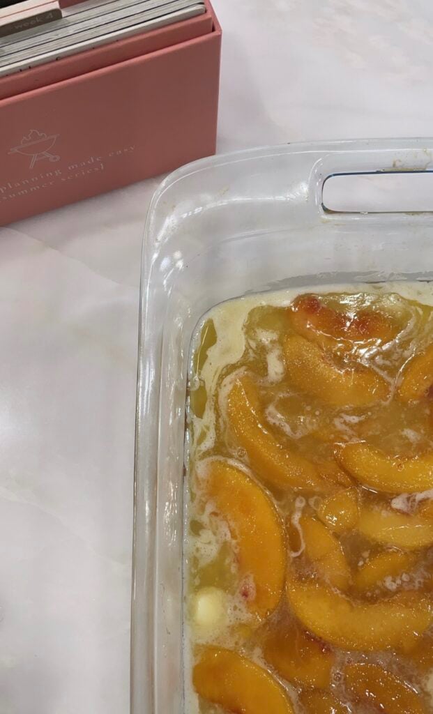 peaches in baking dish for cobbler