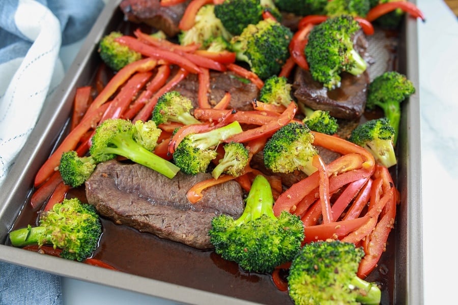 One Pan Asian Steak Marinade with Veggies on tray after cooking