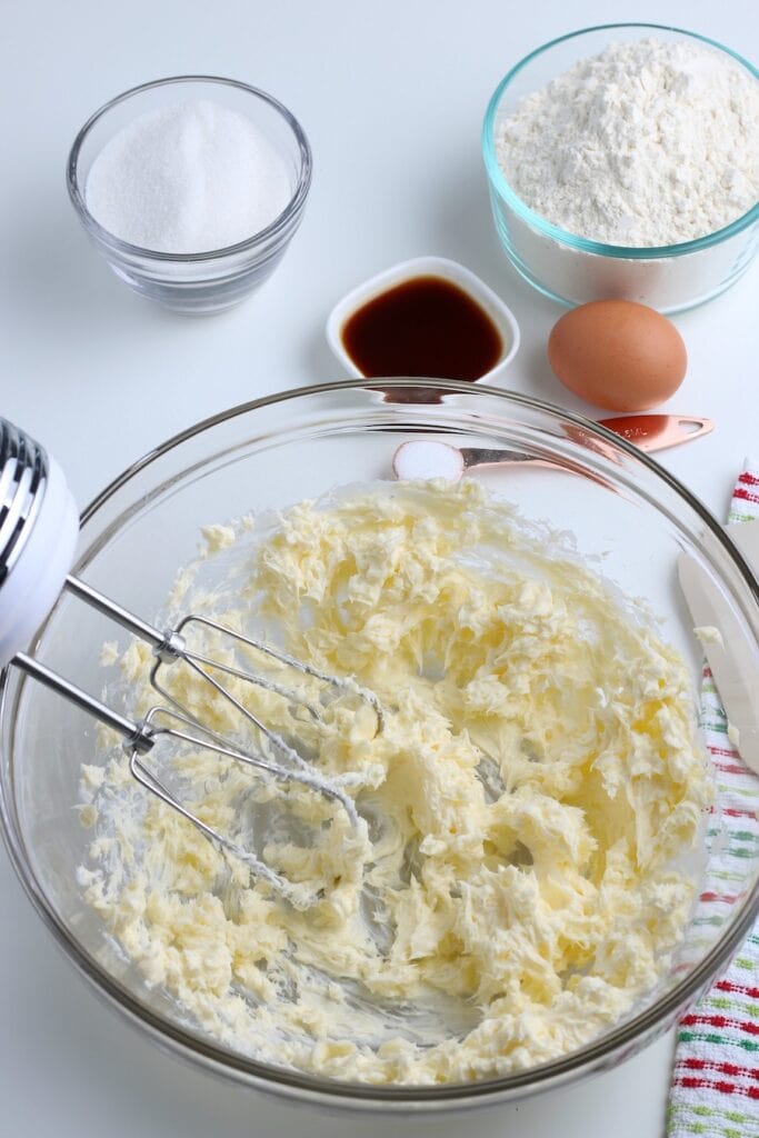 Cream wet ingredients in mixing bowl for Vanilla Cookie Recipe
