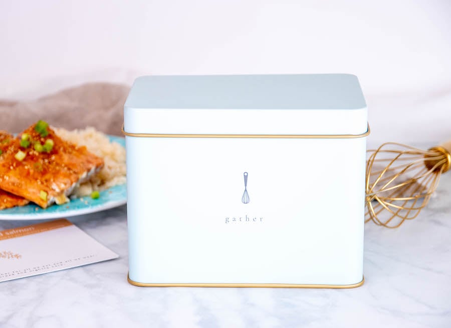 Recipe Box with Salmon in Background