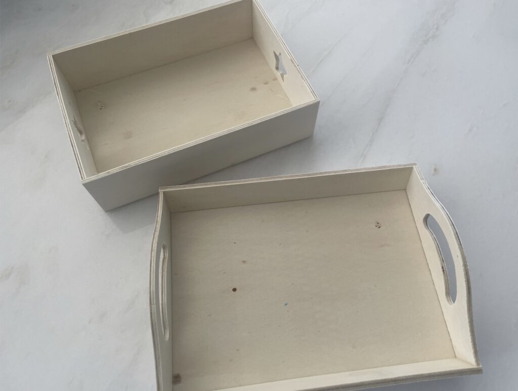wooden tray from dollar tree on countertop