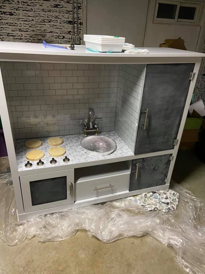 Kids kitchen DIY Dollar Tree Backsplash using wall tiles