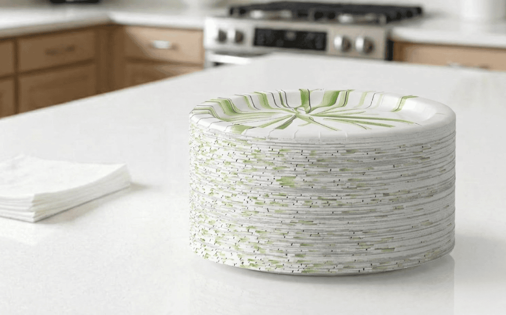 Amazon Basics Everyday Disposable Paper Plates, 8.62 Inch, Microwave Safe, Cut Resistant, Soak Proof, 100 Count, Packaging May Vary