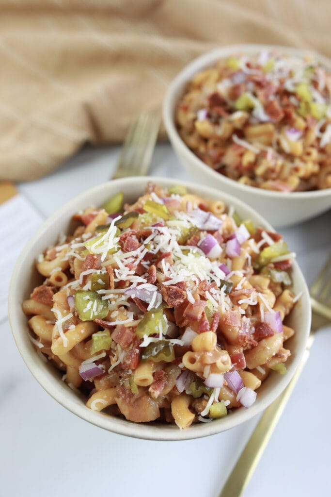 Finished Bacon Cheeseburger Casserole in Dish