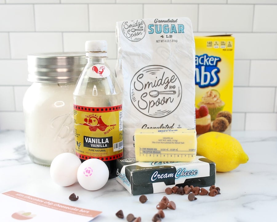 Chocolate Chip Cheesecake Bars Ingredients on Counter 