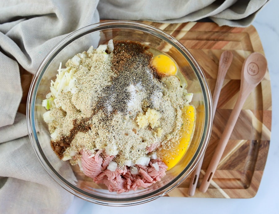 ground turkey and ingredients in mixing bowl