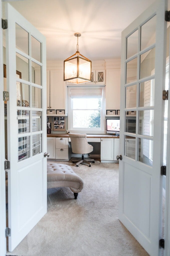 Looking into home office through french doors