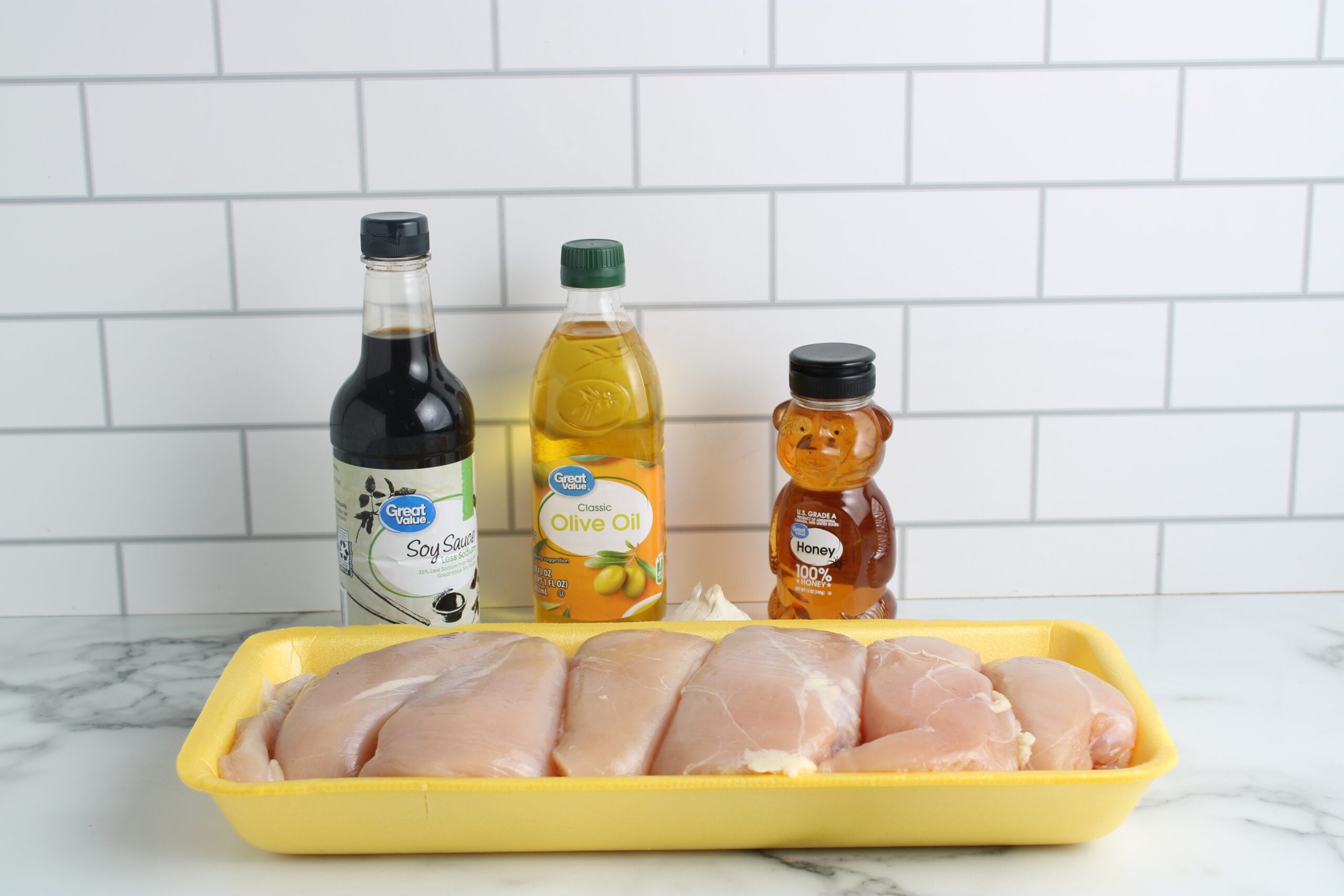 honey garlic chicken marinade ingredients on countertop