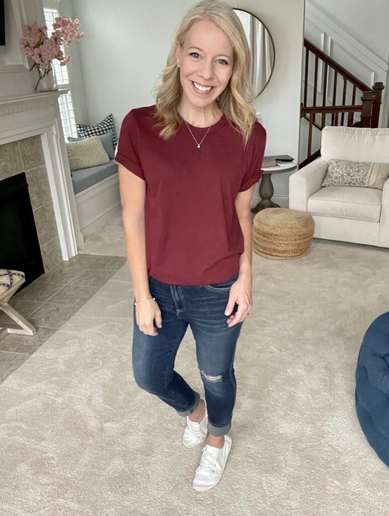 Longer Length T Shirt in Cardinal Color