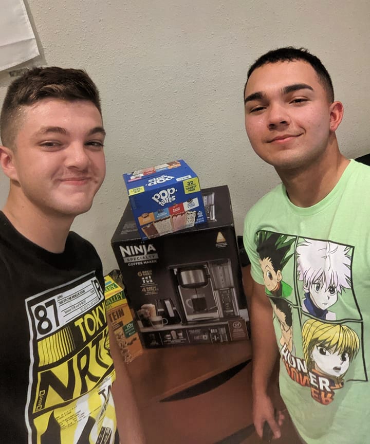 men with coffee maker and pop tarts