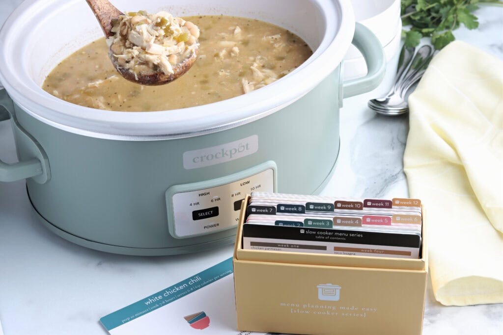 white chicken chili in a crockpot 