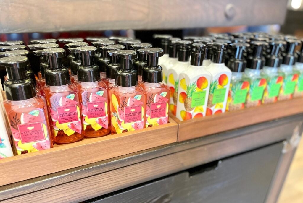various bath and body works hand soaps on display in store