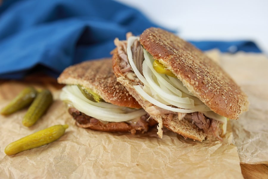cuban pork sandwich recipe - served with pickles