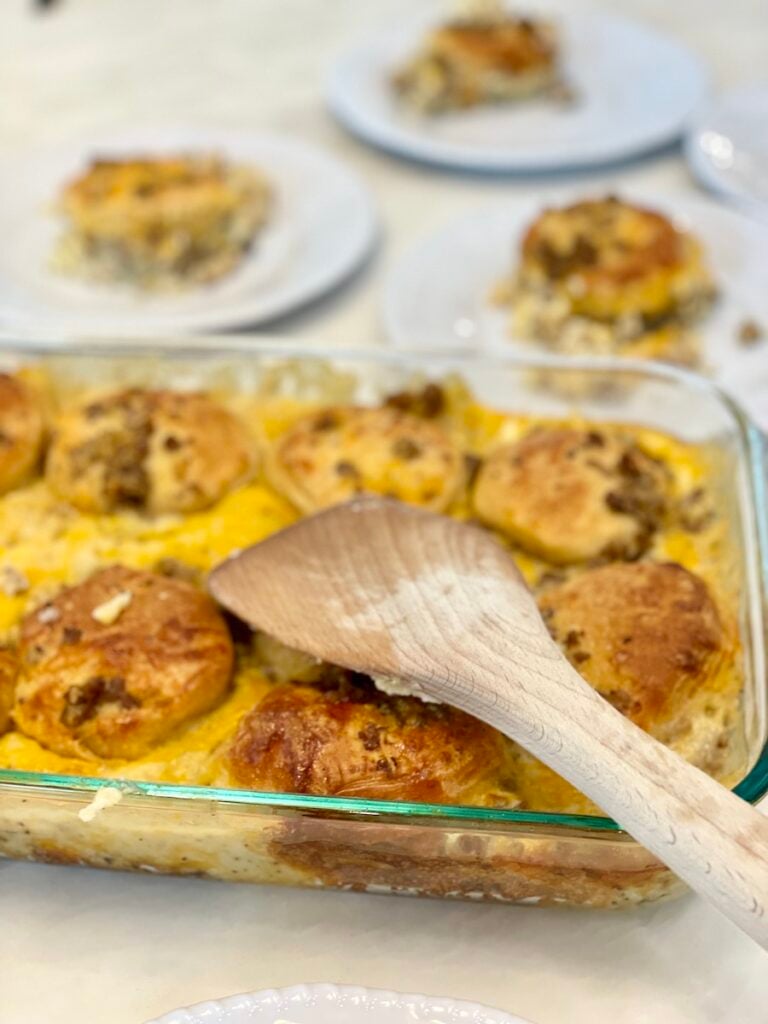 biscuits and gravy casserole finished in baking dish