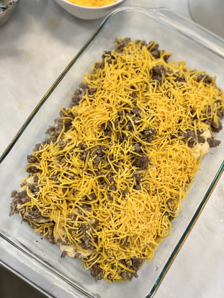 biscuits and gravy casserole in glass baking dish