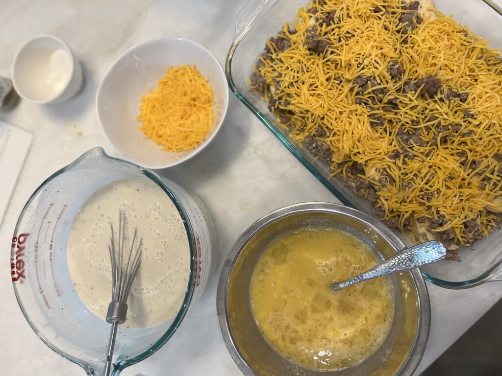 casserole ingredients in glass bowls