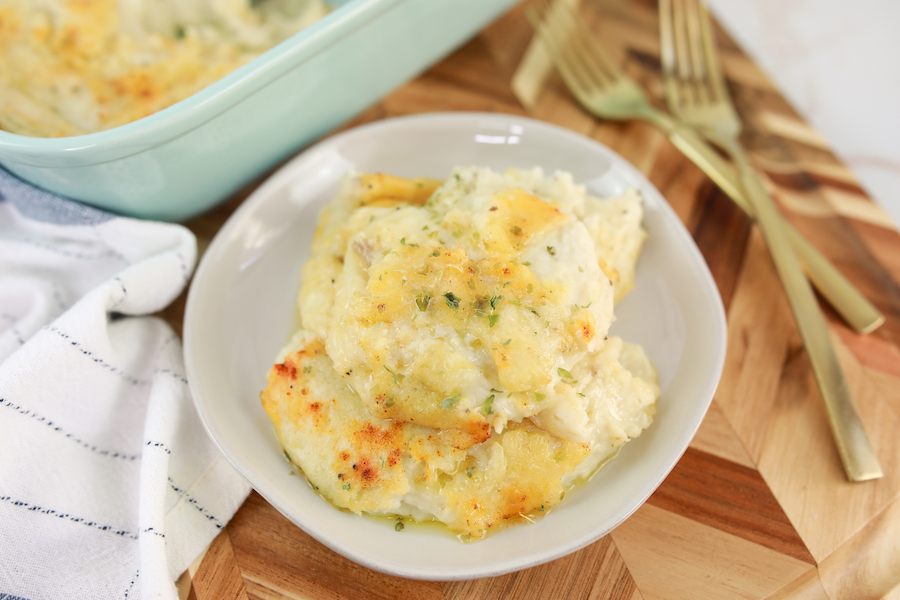 mashed potato casserole on plate with fork