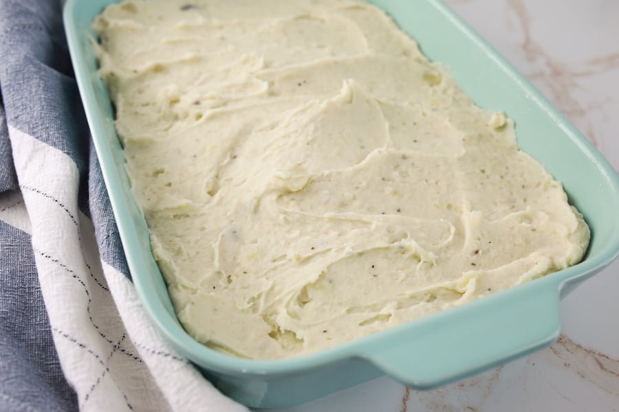 mashed potato casserole ready to bake