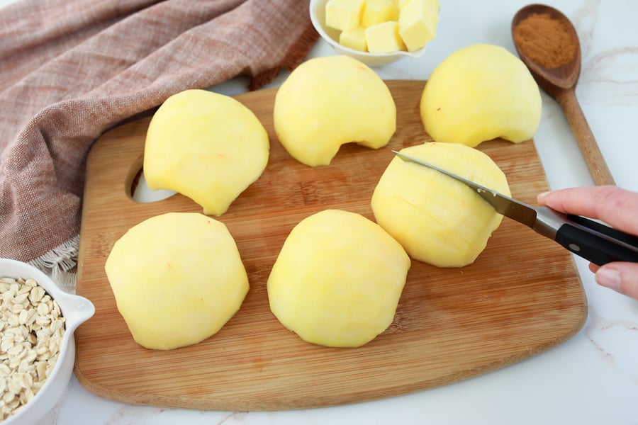 crustless apple pie preparing apples on cutting board