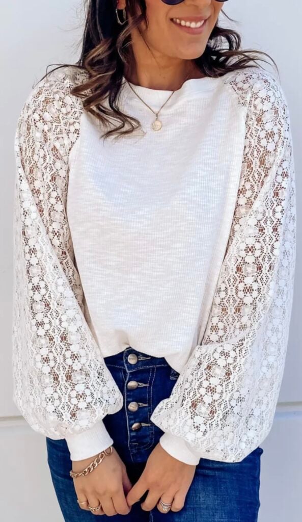 Long sleeve lace top in white