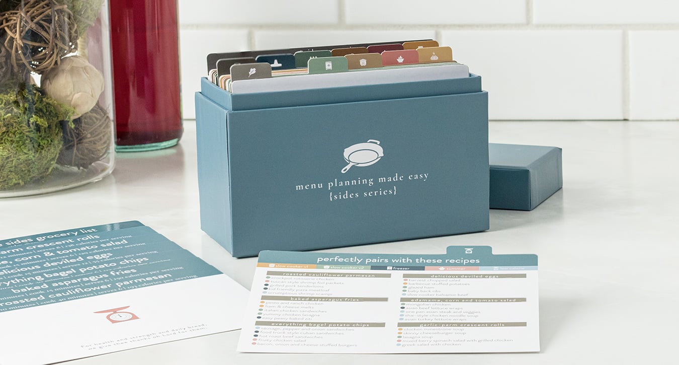 Sides menu plan box in kitchen with recipes and pairing recipes card