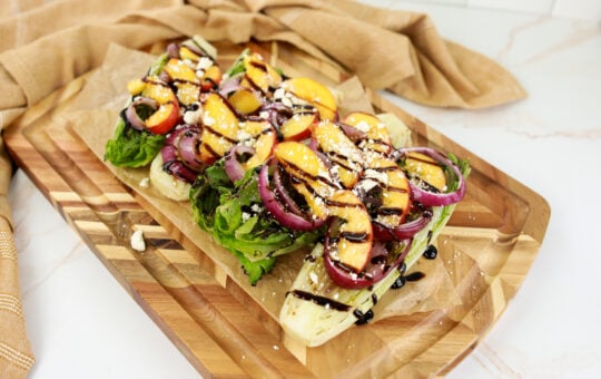 romaine and peaches grilled salad on serving