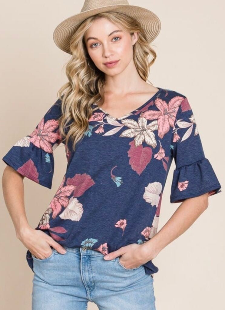 vivian ruffle top in navy