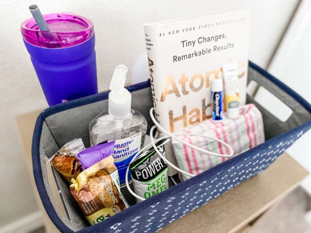 snacks water and book in basket 